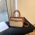 Mini sac cabas rétro en cuir marron et toile beige avec boucle argentée élégante - Marron