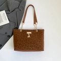 Brown leopard print tote bag with gold deer pendant and chain leather straps - Brown
