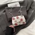 Small white strawberry print crossbody bag with wave edge and silver chain strap - Strawberry White