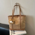Brown suede tote bag with leather handles and a cute bear charm for daily commute - Khaki With Pendant