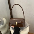 French style dark brown patent leather baguette bag with a gold capsule metal buckle - Coffee