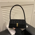Chic leopard print shoulder bag with suede texture and golden metal clasp for women - Black