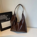 Dark brown faux leather tote bag with stylish side zipper pouch for women - Coffee