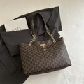 Classic dark brown tote bag with M-pattern print, chain strap and elk charm detail - Style M Coffee