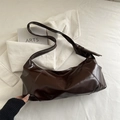 Dark coffee brown underarm bag in glossy PU leather with stylish shoulder knot detail - Brown