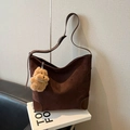 Minimalist dark brown suede tote bag featuring a cute teddy bear charm for women - With Pendant / Brown
