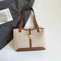 Borsa tote retrò in tela beige e pelle marrone con chiusura metallica dorata - Marrone