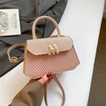 Pink woven patchwork handbag with beige leather flap and gold metal M logo detail - Khaki
