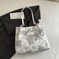 Large tote bag featuring grey cloud pattern with moon and stars with white straps - White Without Pendant