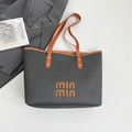 Borsa tote intrecciata grigio scuro con manici in pelle arancione e logo ricamato - Nero