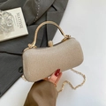 Elegant champagne gold evening clutch bag with circular metal handle and rhinestone clasp - Champagne