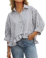 Chemise rayée grise pour femmes avec ourlet à volants et col boutonné classique - S / Noir