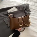 Classic dark brown leather baguette bag with gold D-ring buckle and chain strap - Brown