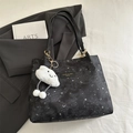 Large black tote bag with silver star and moon patterns plus a plush cloud charm - Black With Pendant