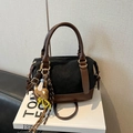 Retro boston pillow bag in black matte faux suede and brown leather with bear charm - With Pendant / Black With Pendant