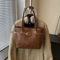 Grand sac cabas rétro marron en cuir PU avec boucle dorée et longues poignées - Sans Pendentif / Marron