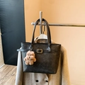 Dark grey matte leather tote bag featuring a gold buckle and brown teddy bear charm - With Pendant / Brown