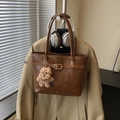 Retro dark brown leather tote bag with lychee texture and a cute teddy bear charm - With Pendant / Brown