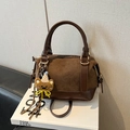 Dark brown frosted Boston bag with smooth leather trim and cute bear keychain accessory - With Pendant / Brown with Pendant