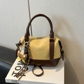 Boston bag in yellow canvas with brown leather trim and a cute cartoon bear charm - With Pendant / Khaki With Pendant