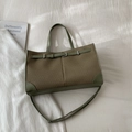 Detailed top view of army green leather and brown twill patchwork tote bag with strap - Green Without Pendant