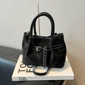 Minimalist black suede tote bag with white stitching and decorative leather straps - Black without Pendant