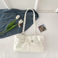 Chic cream white large capacity tote bag with silver buckle straps and minimalist design - White