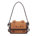 Cute cartoon cat toast crossbody bag in brown suede and leather with kitty paw prints - Brown