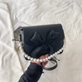 Elegant black PU shoulder bag with oversized silk bow and white pearl handle strap - Black