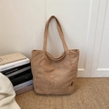 Bolso tote minimalista de pana caqui con rayas verticales y bolsillo delantero grande - Marrón