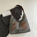 Bolso tote de lona gris oscuro con correas de cuero marrón y elegante estilo vintage - Marrón Oscuro