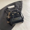 Black PU leather backpack with gray leopard print panels and gold hardware accent - With Pendant / Black
