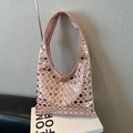 Pink metallic hobo shoulder bag with silver rivet sequins in a retro punk design - Pink