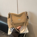 Chic tan pleated leather shoulder bag with silver chain strap and beaded charm accessory - Khaki With Pendant