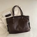 Deep coffee large tote bag in lychee grain leather with silver star rivets and strap - Brown