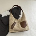Bolso tote vintage marrón de lona lavada y cuero sintético de gran capacidad - Caqui