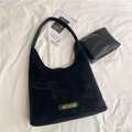 Matte black oversized tote bag with letter detail and matching pouch set - Black