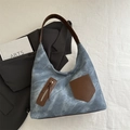 Blue denim tote bag with brown leather straps and vintage workwear pockets - Blue