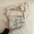 Beige monogram crossbody bag with chain detail and matching wide fabric strap - White