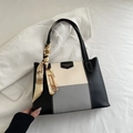 Three-color patchwork tote bag in black, beige and grey with decorative scarf on handle - Gray