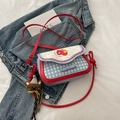 Cute pink apple themed crossbody bag with blue plaid pattern and bear charm - With Pendant / Crimson