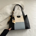 Three-color patchwork tote bag in black beige and blue with a silk scarf handle - Blue