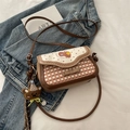 Plaid square shoulder bag in brown and white with bow detail and cute bear charm - With Pendant / Light Mist Brown