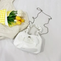 White pleated handbag with tulle bow and silver chain, casual chic shoulder bag - White