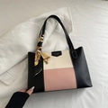 Three-color contrast tote bag in black, beige, and pink PU leather with floral scarf - Pink