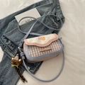 Pink and blue plaid crossbody bag with a plush bear charm and cute bow detail - With Pendant / Soft Mist Blue