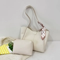 Creamy white large tote bag with inner pouch and decorative polka dot silk scarf - Off White