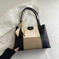 Tote bag featuring black, cream, and coffee color-block leather with floral silk scarf - Khaki