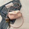Pink polka dot and plaid crossbody bag with bow detail and cute plush bear charm - With Pendant / Sakura Pink