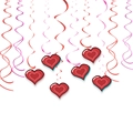 Close-up of red and pink metallic hanging swirls with 3D heart-shaped paper cutouts - Red Heart Swirl Hanging